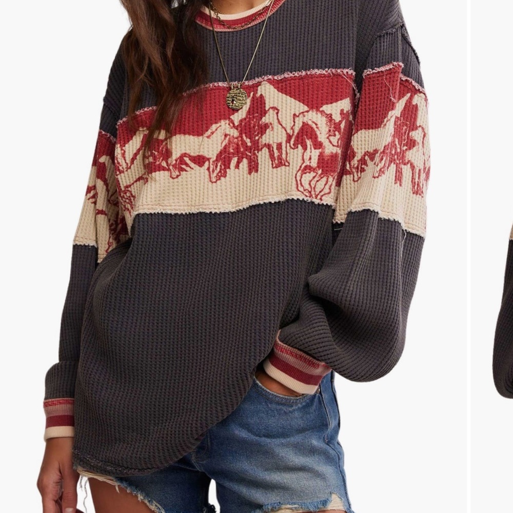 Free People Big Sky cotton waffle knit Graphic tee - Red combo